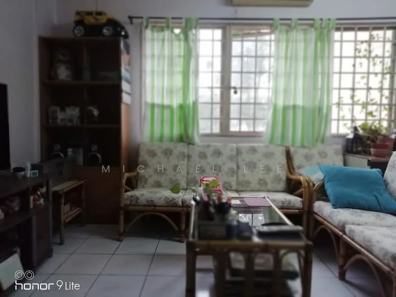 Living features: white walls, tiled flooring, 2-seater rattan sofa with floral upholstery, 3-seater rattan sofa with floral upholstery, glass coffee table, wooden TV console, floor-to-ceiling windows, sheer curtains with green stripes, decorative plants on windowsill, wall-mounted air conditioning unit.