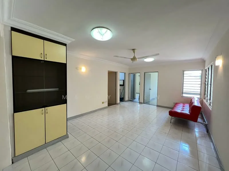 Living features: white painted walls, glossy white tile flooring, ceiling fan, recessed downlights, 2-seater red leather sofa, built-in cabinetry with yellow doors, large windows with horizontal slats, doorway leading to other rooms; style: modern.