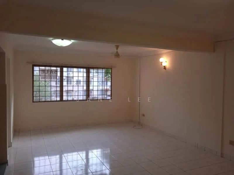 Living features: white painted walls, glossy white tile flooring, ceiling light fixture, ceiling fan, large window with grid pattern, natural light from window, neutral color scheme, corner wall sconce.