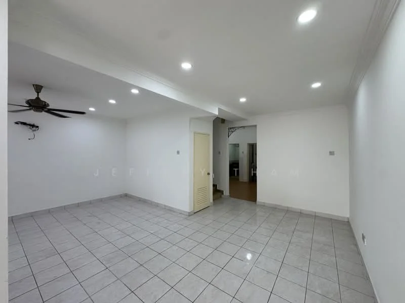Living features: white painted walls, ceramic tile flooring, 5-blade ceiling fan, recessed LED downlights, open layout, doorway leading to another room, multiple light fixtures, neutral color scheme; style: modern.