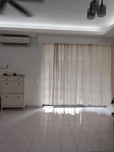 Living features: white painted walls, glossy white tile flooring, 5-blade ceiling fan, large sheer curtains, air conditioning unit, sideboard cabinet, recessed ceiling lights, natural light from window; style: modern.