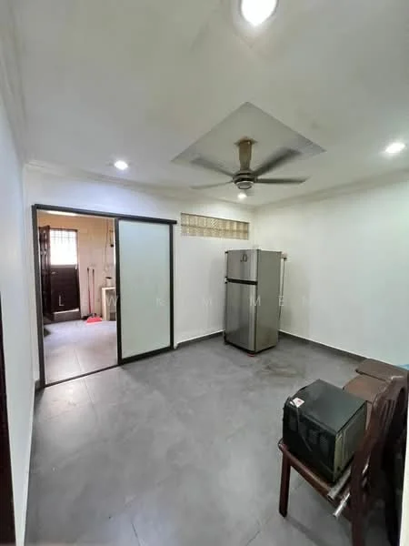 Room features: white painted walls, grey floor tiles, 5-blade ceiling fan with light, recessed downlights, sliding glass door, stainless-steel fridge, wooden dining table, black appliance, open layout; style: modern.