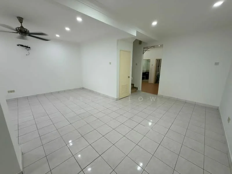 Living features: white painted walls, glossy ceramic tile flooring, 5-blade ceiling fan, recessed LED downlights, sliding door, door with louvered panels, open layout, no visible furniture; style: modern.