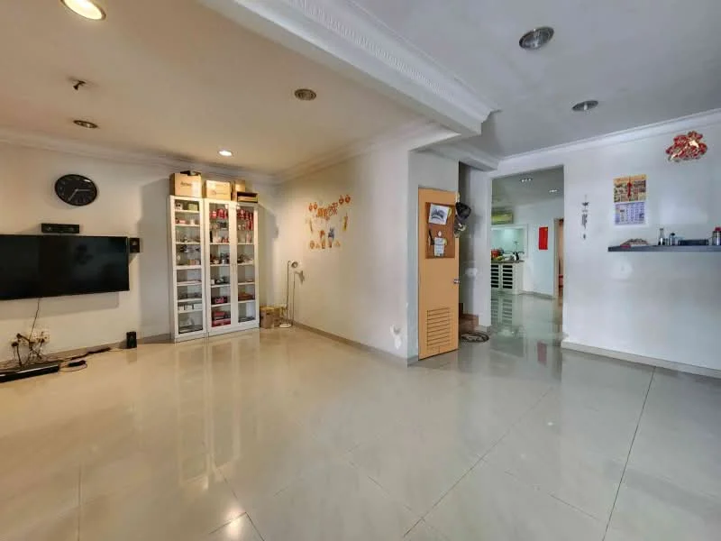 Living features: white painted walls, polished ceramic tile flooring, ceiling with crown moulding, wall-mounted TV, glass-front display cabinet, decorative wall art, light fixtures, doorway leading to other rooms; style: modern.