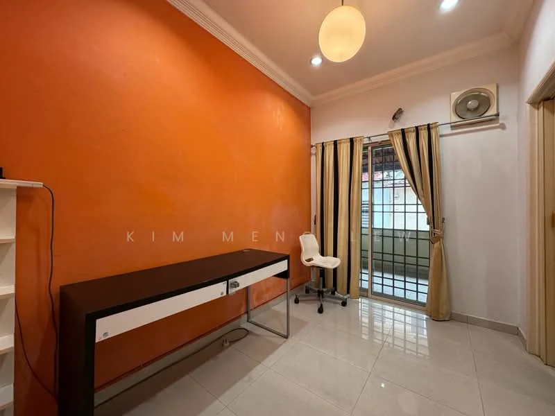 Room features: orange painted walls, white ceiling with crown moulding, ceramic tile flooring, window with sliding glass door, curtains, desk, office chair, wall-mounted air conditioning unit; style: modern.