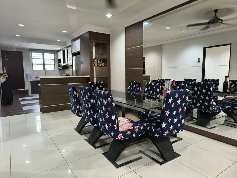 Dining features: dining table with glass top, 8 upholstered dining chairs with star pattern, white tiled flooring, recessed downlights, ceiling fan, mirrored wall, wood cabinetry in background, open kitchen layout visible; style: modern.