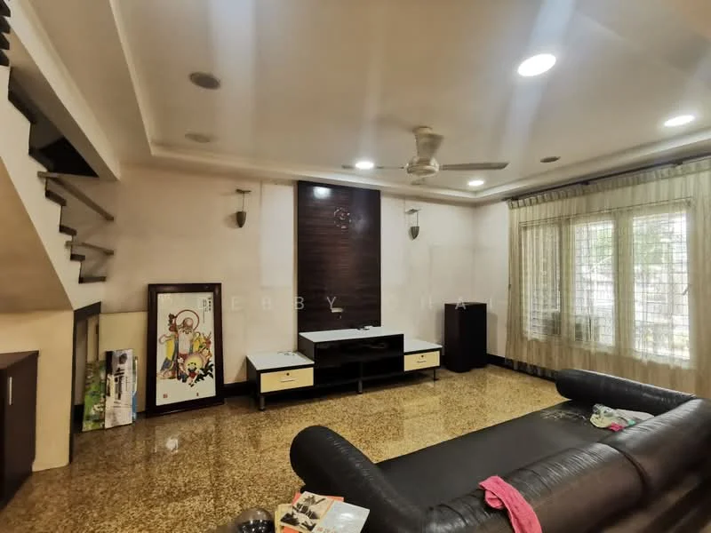 Living features: black leather sofa, coffee table, TV console, wall-mounted TV, decorative artwork, ceiling fan, recessed downlights, cream painted walls, polished stone flooring, large windows with sheer curtains, wooden feature wall, staircase leading to upper floor; style: modern.