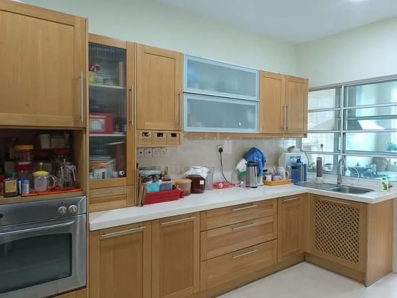 Kitchen features: wood cabinetry, stainless-steel oven, built-in microwave, granite countertop, single-bowl stainless-steel sink, chrome pull-down faucet, glass-front upper cabinets, open shelving, tile backsplash, recessed lighting, window with grid design, cream painted walls, light-colored flooring; style: modern.