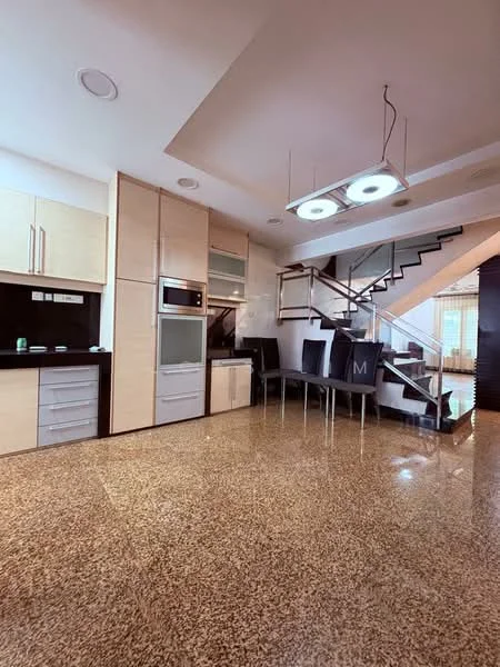 Kitchen features: light wood cabinetry, black countertop, built-in oven, built-in microwave, stainless-steel fridge, 4-burner gas hob, single-bowl stainless-steel sink, chrome pull-down faucet, pendant lighting, polished terrazzo flooring, open layout, staircase with metal railing, dining table with chairs; style: modern.
