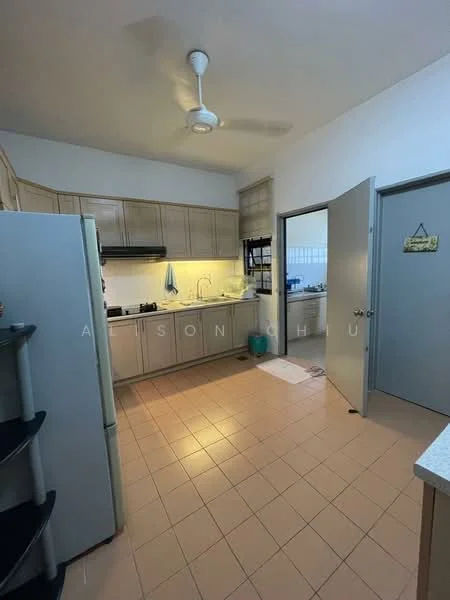 Kitchen features: light brown cabinetry, white countertop, stainless-steel fridge, built-in oven, 4-burner gas hob, exhaust hood, single-bowl stainless-steel sink, chrome pull-down faucet, tile flooring in beige, ceiling fan, wall-mounted shelves, window with sheer curtains, door leading to another room; style: modern.