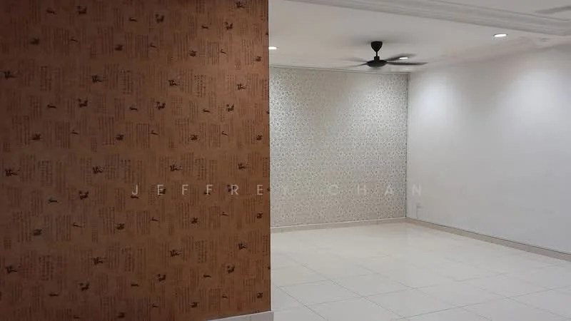 Room features: cream tiled flooring, white painted walls, accent wall with floral wallpaper, accent wall with text pattern wallpaper, ceiling with recessed lighting, 5-blade ceiling fan, crown moulding; style: modern.