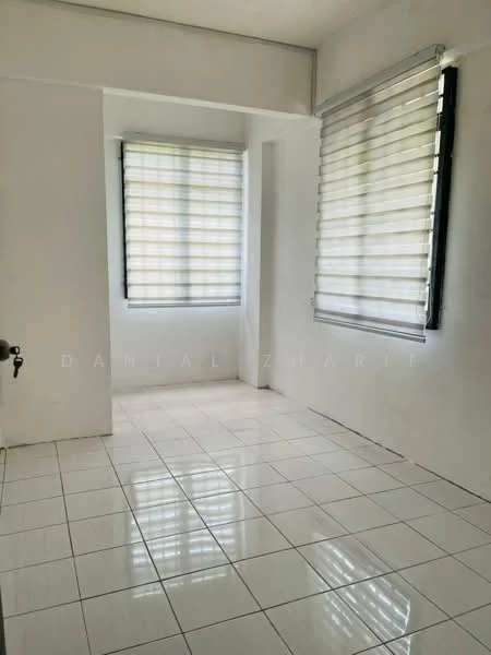 Room features: white painted walls, glossy white tile flooring, two windows with horizontal blinds, natural light from windows, corner room layout; style: minimalist.