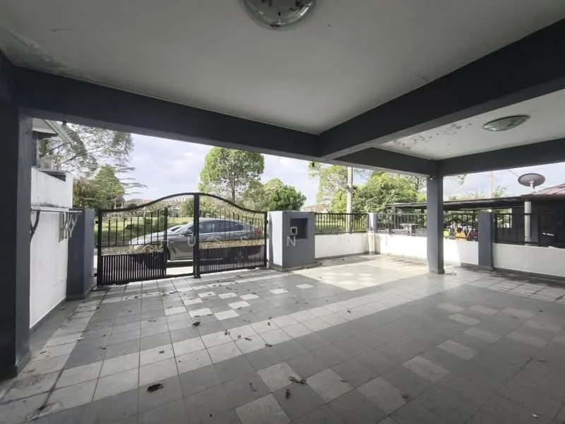 Exterior features: paved flooring with grey and white tiles, covered porch area, metal gate, fenced perimeter, surrounded by greenery, street view, outdoor lighting fixture, open space; style: modern.