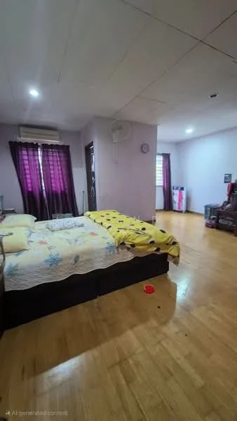 Bedroom features: queen-size bed with yellow bedding, wooden flooring, purple curtains, air conditioning unit, wall-mounted fan, painted walls in light purple, nightstand, built-in wardrobe, decorative wall clock, area rug, window with natural light.