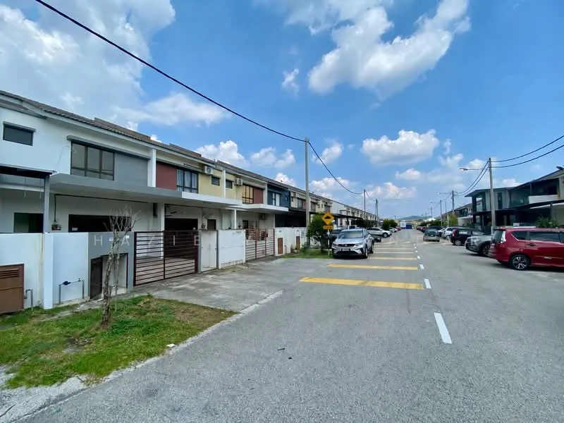 Exterior type: linked terrace house; features: two-storey linked terrace houses, white painted facade, cream painted facade, driveway with interlocking pavers, manicured lawn, street view with parked cars, power lines visible, sidewalk along the street, blue sky with clouds; style: modern.