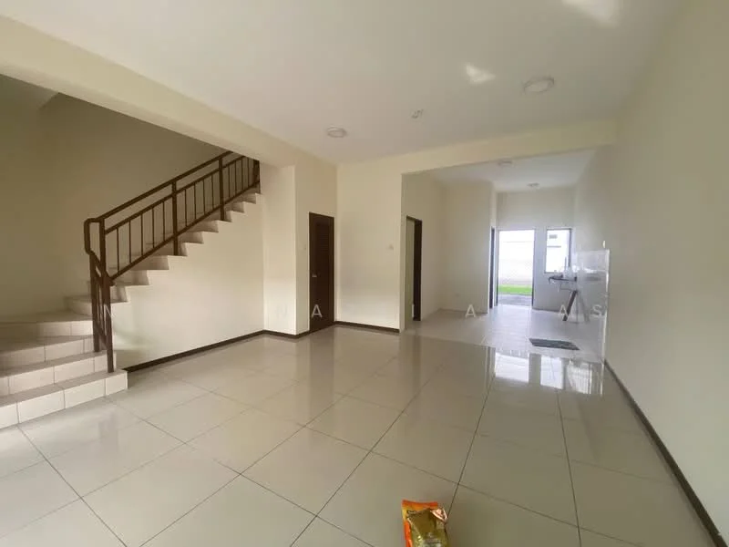 Living features: white painted walls, glossy ceramic tile flooring, staircase with wooden railing, recessed downlights, large windows for natural light, open layout, door leading to outdoor area, neutral color scheme; style: modern; view: garden. Kitchen features: white cabinetry, ceramic tile flooring, kitchen countertop, sink, stainless-steel appliances, open layout to living area; style: modern; view: garden.