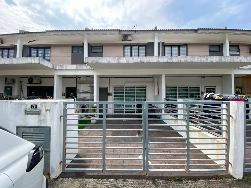 Exterior type: linked terrace house; features: two-storey building, white painted facade, grey tiled roof, sliding glass doors, front porch area, gated entrance, manicured lawn, parking space, multiple air conditioning units visible, window grilles, outdoor lighting fixtures; style: modern.