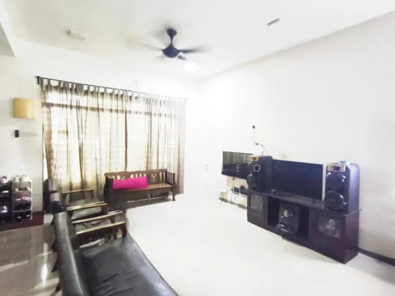 Living features: black leather sofa, wooden bench with pink cushion, 2 wooden armchairs, wall-mounted TV, black entertainment unit, speakers, ceiling fan, large window with sheer curtains, white painted walls, glossy tile flooring; style: modern.