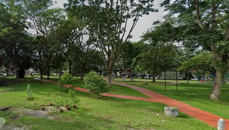Exterior type: landscape garden; features: manicured lawn, mature trees, walking path, playground equipment visible in background, park benches, flower pots, open green space; style: tropical-modern.