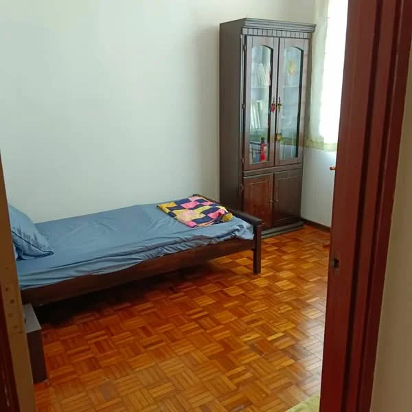 Bedroom features: single bed with blue bedding, wooden bed frame, wooden parquet flooring, brown wooden cabinet, large window with sheer curtains, decorative throw on bed, bookshelves visible in cabinet.