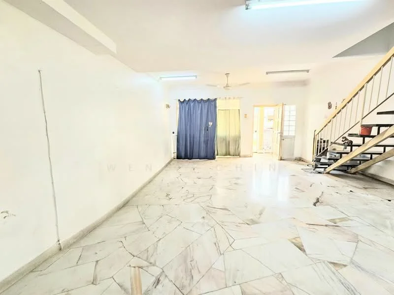 Living features: marble flooring, white painted walls, ceiling fan, sliding glass door, curtains in blue and green, staircase with wooden steps, recessed lighting, open layout.