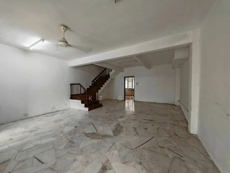 Room features: white painted walls, marble flooring, exposed ceiling beams, ceiling fan, staircase with wooden railing, large open space, natural light from windows, no visible furniture; style: minimalist.