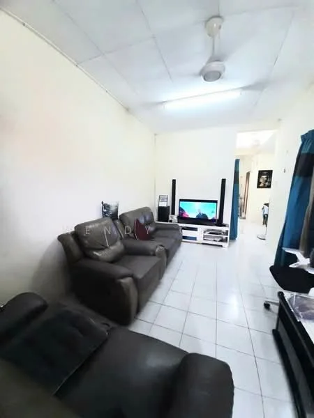Living features: 2-seater leather sofa in dark brown, 3-seater leather sofa in dark brown, white TV console, wall-mounted TV, ceiling fan, white tiled flooring, light-colored painted walls, blue curtains, decorative wall art; style: modern.