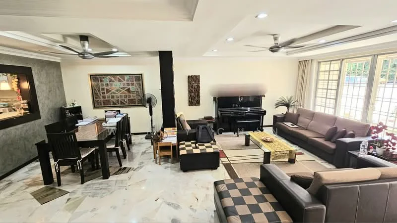 Living features: marble flooring, 5-blade ceiling fan with light, 2-seater leather sofa, 3-seater fabric sofa in beige, coffee table, TV console, wall-mounted TV, area rug with geometric pattern, decorative mirror, framed artwork, large windows with sheer curtains, dining table with chairs; style: contemporary; view: garden.