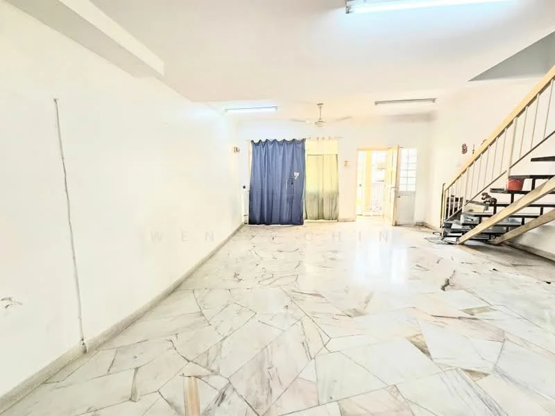 Living features: marble flooring, white painted walls, ceiling fan, sliding glass door, curtains, staircase, natural light from windows, open layout.