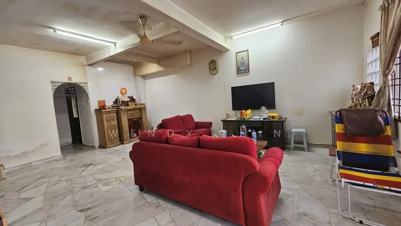 Living features: red fabric sofa, coffee table, wall-mounted TV, marble flooring, ceiling fan, decorative wall art, built-in cabinet, open layout, natural light from windows.
