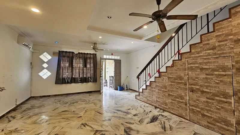 Living features: marble flooring, white painted walls, ceiling fan, sliding glass door, window with sheer curtains, staircase with wooden railing, decorative wall with stone cladding, built-in storage cabinet; style: modern.