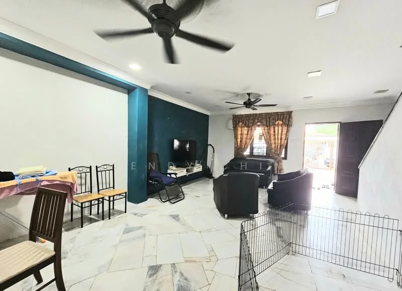Living features: marble tile flooring, blue accent wall, white painted walls, 5-blade ceiling fan, wall-mounted TV, sofa set in black, wooden dining chairs, dining table, curtains with floral pattern, sliding glass door, area rug; style: modern; view: garden. Room features: open layout, natural light from sliding door.