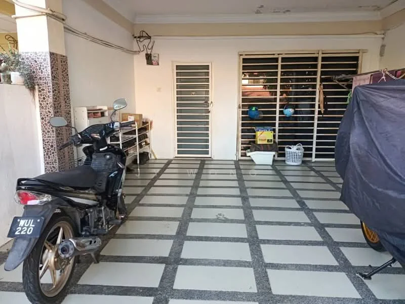 Exterior type: car porch; features: paved flooring with grid pattern, covered car porch, metal gate, wall-mounted electrical outlets, storage cabinets, motorcycle parked, bicycle parked, laundry basket, black tarpaulin covering, light fixtures; style: modern.