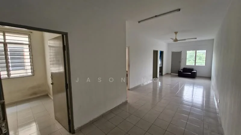 Room features: white painted walls, tile flooring, ceiling fan, large windows, natural light, neutral color scheme, open layout, corner sofa; style: modern; view: garden.