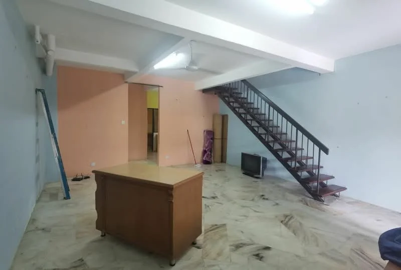 Living features: marble flooring, white painted walls, pink accent wall, exposed beams, ceiling fan, staircase with wooden steps and metal railing, television, wooden table, ladder, open layout.
