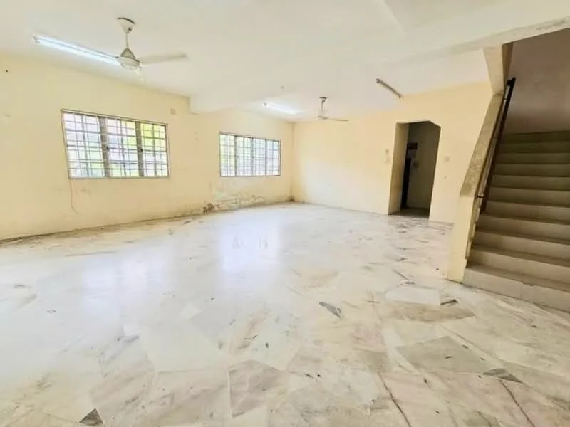 Room features: marble flooring, white painted walls, 2 ceiling fans, large windows, staircase leading to upper level, natural light, open layout, no visible furniture.