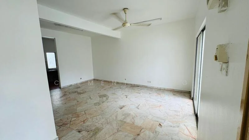 Living features: marble flooring, white painted walls, 5-blade ceiling fan, sliding glass door, natural light from windows, open layout, neutral color scheme, no visible furniture; style: modern.