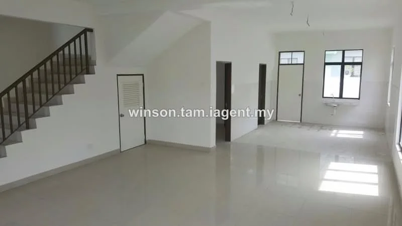 Living features: white painted walls, polished ceramic tile flooring, large windows with clear glass, staircase with wooden railing, door leading to another room, door leading to bathroom, sink with wall-mounted faucet, natural light from windows; style: modern.