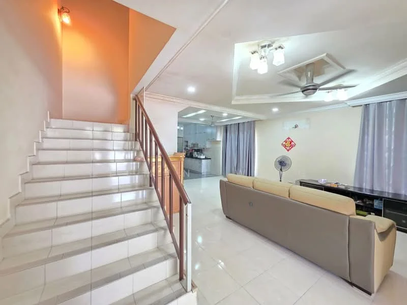 Living features: cream painted walls, white ceiling with tray ceiling, 5-blade ceiling fan with light, large windows with sheer curtains, light-colored sofa, glass coffee table, TV console, tile flooring, decorative wall art; style: modern. Room features: white painted walls, staircase with white tile steps, recessed lighting, open layout, natural light from windows.
