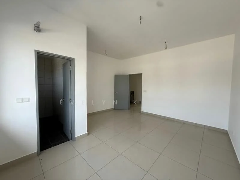 Room features: white painted walls, cream tiled flooring, high ceiling, two doors, one window, no visible furniture, neutral color scheme, recessed lighting; style: modern.