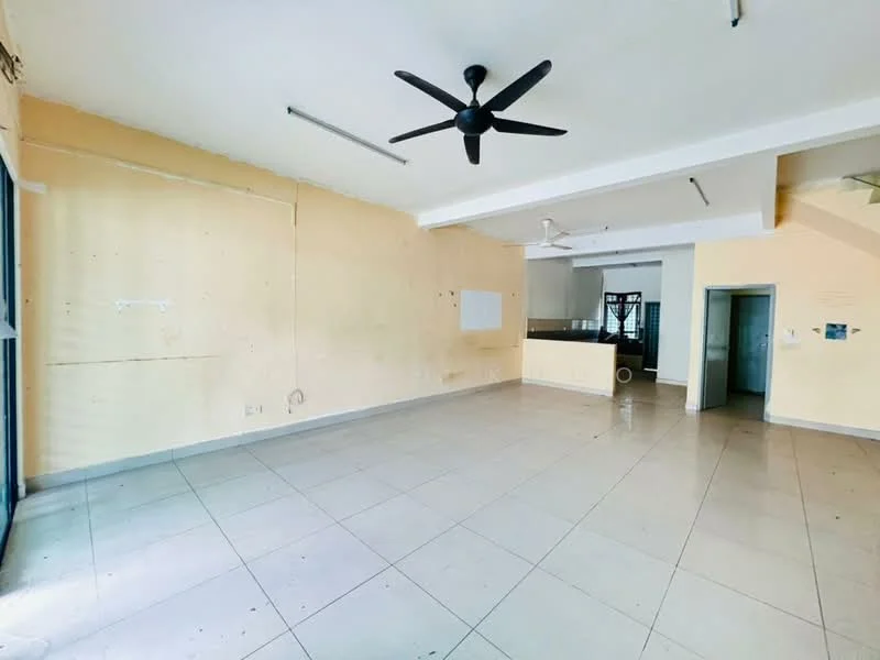 Living features: cream painted walls, tile flooring, 5-blade ceiling fan, recessed ceiling lights, large windows, open layout, kitchen area visible, no visible furniture.