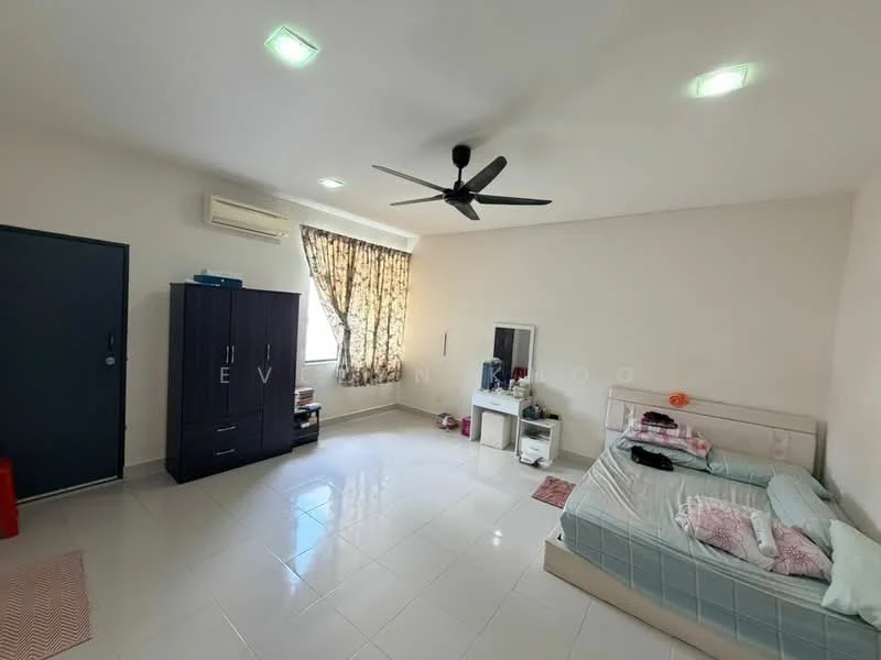 Bedroom features: queen-size bed, upholstered headboard, 2 bedside lamps, built-in wardrobe, dressing table with mirror, ceiling fan, white painted walls, glossy tile flooring, curtains with floral pattern, window with natural light, air conditioning unit; style: modern.