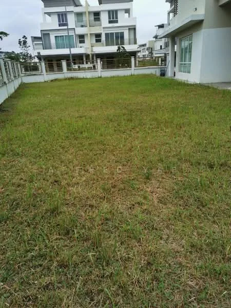 Exterior features: manicured lawn, surrounded by low fencing, adjacent to residential buildings, open grassy area, partially cloudy sky; style: modern.