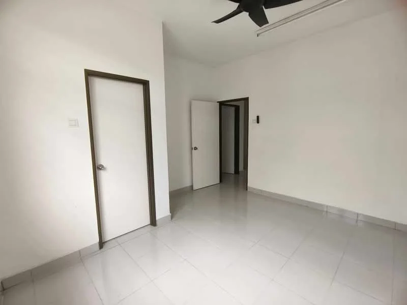 Room features: white painted walls, glossy ceramic tile flooring, ceiling fan, two doors, one wall-mounted intercom, neutral color scheme, no visible windows, minimalist design; style: minimalist.