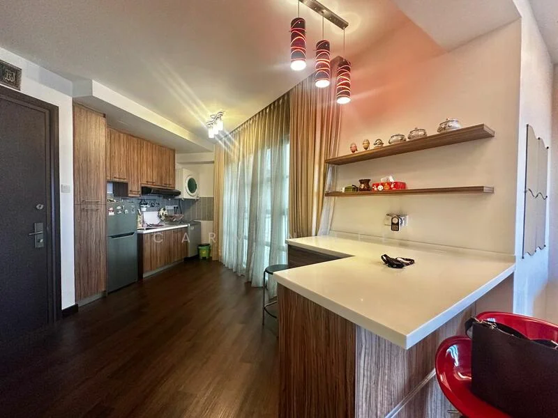 Kitchen features: wood cabinetry, white countertop, stainless-steel fridge, built-in oven, 4-burner gas hob, stainless-steel range hood, single-bowl stainless-steel sink, chrome pull-down faucet, pendant lighting, open shelving, window with sheer curtains, dark wood flooring, bar seating with red stools; style: modern.