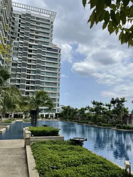 Exterior type: high-rise condominium; features: glass curtain wall facade, approximately 20-storey high-rise, infinity pool, pool deck with loungers, manicured lawn, tropical landscaping, palm trees, water features, surrounded by greenery; style: modern.