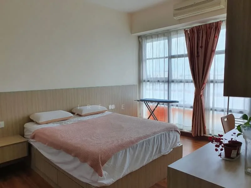 Bedroom features: queen-size bed with white bedding, wooden bed frame, light wood paneling on walls, large windows with sheer curtains, wooden flooring, air conditioning unit on wall, ironing board, small bedside table, decorative plant on table, pink bedspread, wall-mounted light switch; style: modern.