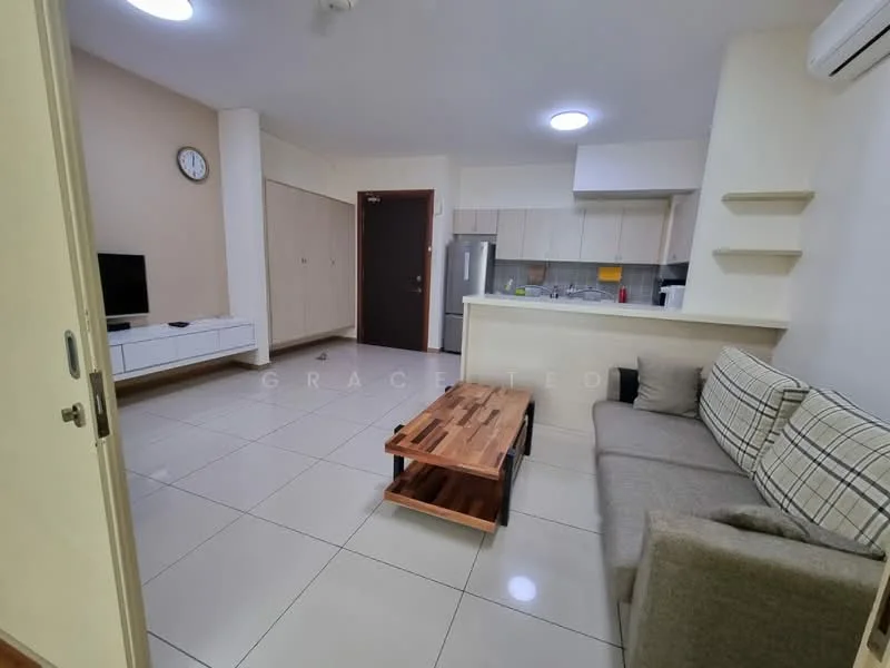 Living features: grey fabric sofa, wood coffee table, wall-mounted TV, white TV console, cream painted walls, tile flooring, recessed ceiling lights, air conditioning unit, clock on wall, open kitchen area, kitchen cabinetry, stainless-steel fridge, kitchen countertop; style: modern.