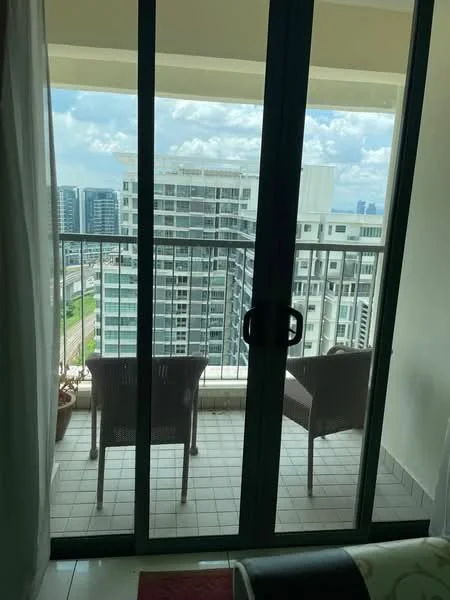 Balcony features: sliding glass door, floor-to-ceiling windows, tile flooring, two outdoor chairs, small potted plants, railing, city view; view: city.