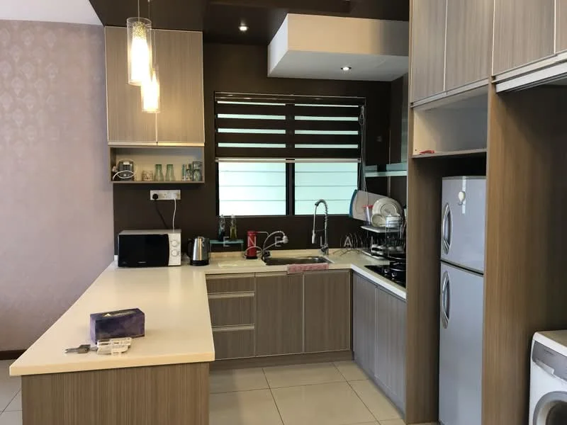 Kitchen features: light wood cabinetry, white countertop, stainless-steel sink, chrome pull-down faucet, built-in microwave, stainless-steel fridge, ceramic tile flooring, recessed downlights, window with horizontal blinds, kitchen appliances visible, kitchen island with seating, decorative wall with patterned wallpaper; style: modern.